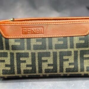 Fendi Zucca Pouch Clutch Makeup Zip Top Leather Accent RARE